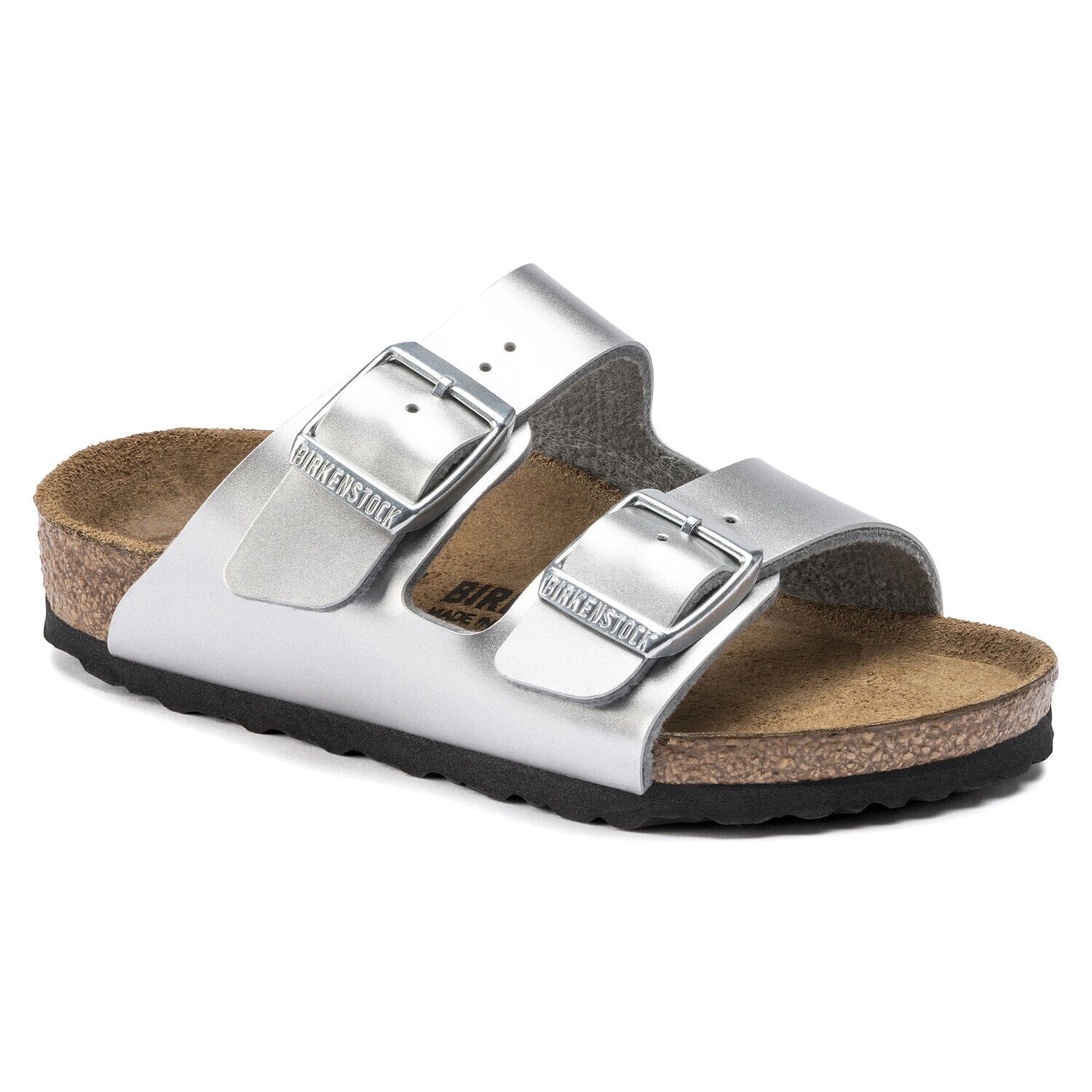 Birkenstocks Kids, Arizona, Birko-Flor, Narrow Fit, Silver Sandals Birkenstock Kids Silver 28 